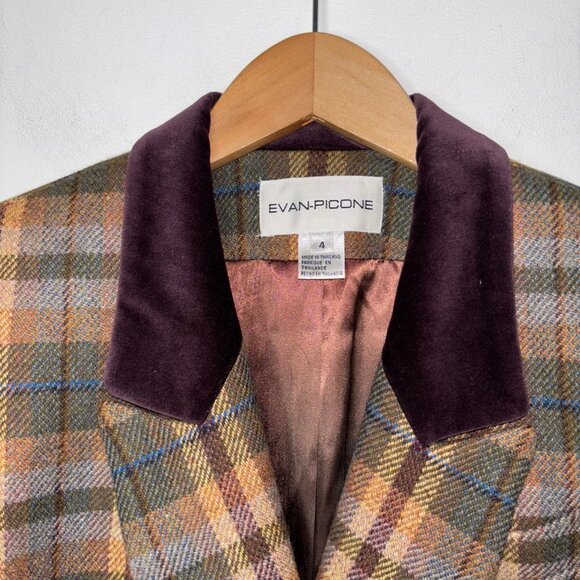 Vintage Evan Picone Tweed Double Breasted Blazer Size 4 Brown Plaid Wool Jacket - Picture 8 of 16